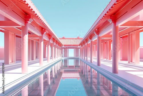 A long, narrow pink building with a pool in the middle