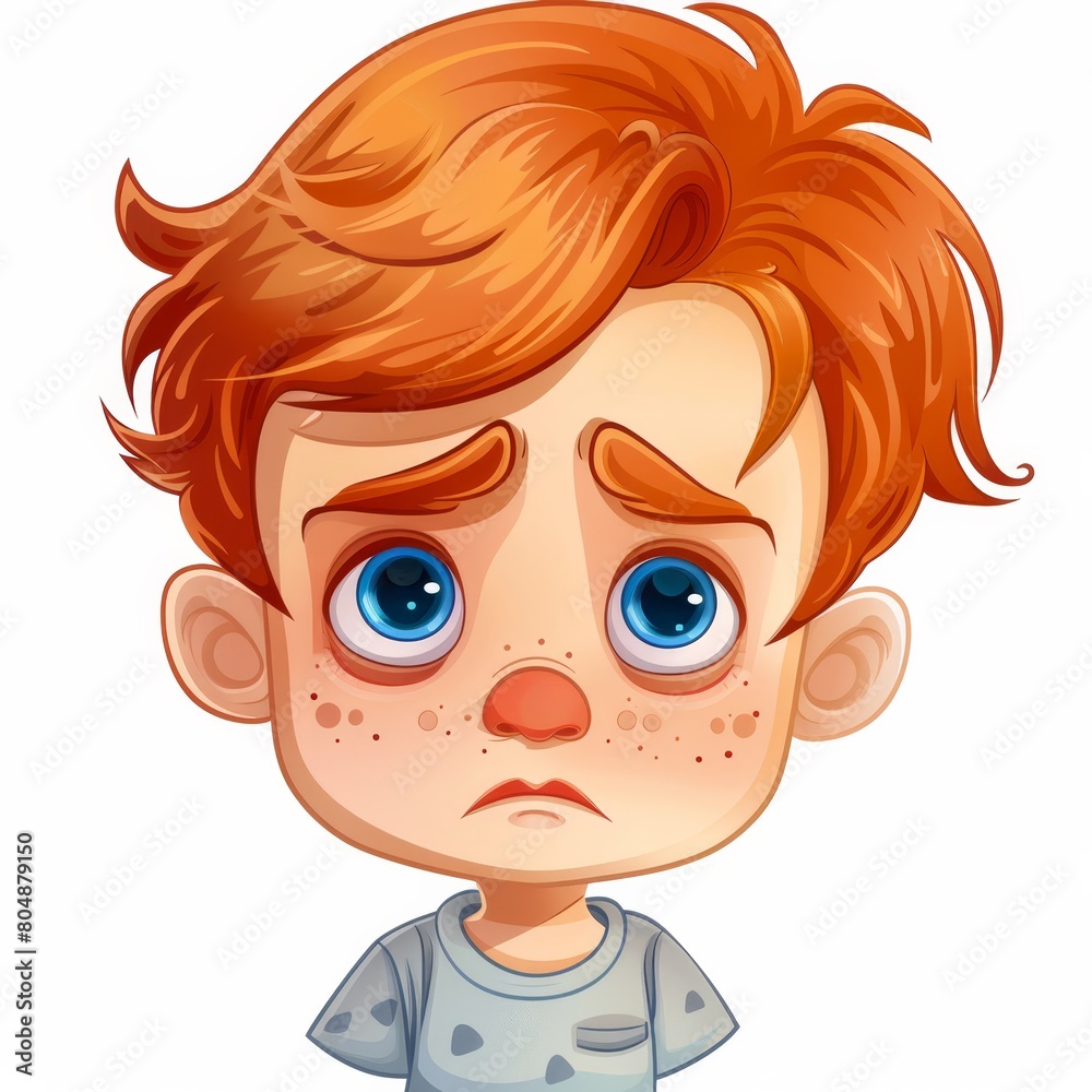 A close up of a little boy face, isolated on white background. 2D drawing design of sad and crying emotion lips with red hair. A close up of a little boy face, isolated on white background. 2D drawing design of sad and crying emotion lips with red hair.