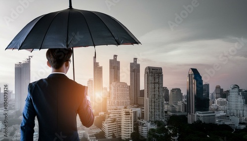 The double exposure image of the Businessmen are spreading umbrella during sunrise overlay with cityscape image. The concept of modern life, business, insurance and protection. photo