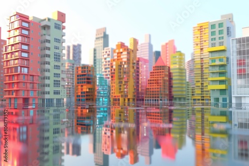 A city skyline with a large colorful building in the middle