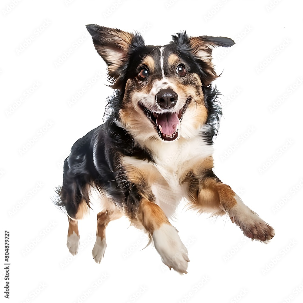 Funny dog flying, playful dog jumping mid-air looking at camera isolated on white background. Generative Ai Funny dog flying, playful dog jumping mid-air looking at camera isolated on white background. Generative Ai