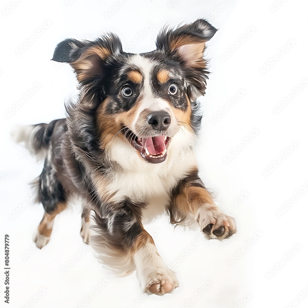 Funny dog flying, playful dog jumping mid-air looking at camera isolated on white background. Generative Ai