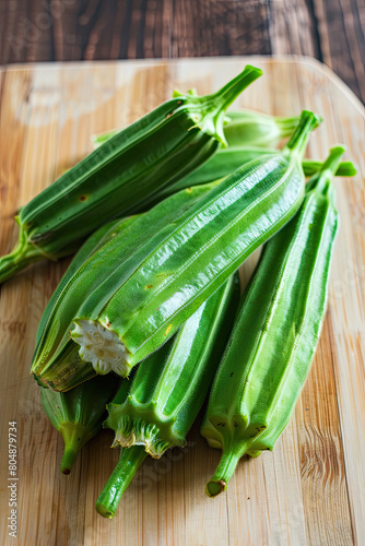 Fresh whole okra pods, showcasing their unique ridged texture and bright green color, neatly arranged on a bamboo cutting board.