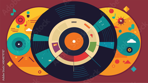 A vinyl record with a label listing the different musicians and cultures that contributed to the albums diverse and dynamic sound. Vector illustration