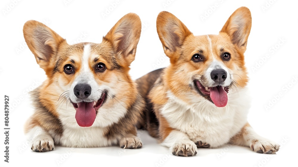 Two Enthusiastic Corgi Companions Side by Side with Wide Grins and Lolling Tongues on White Background