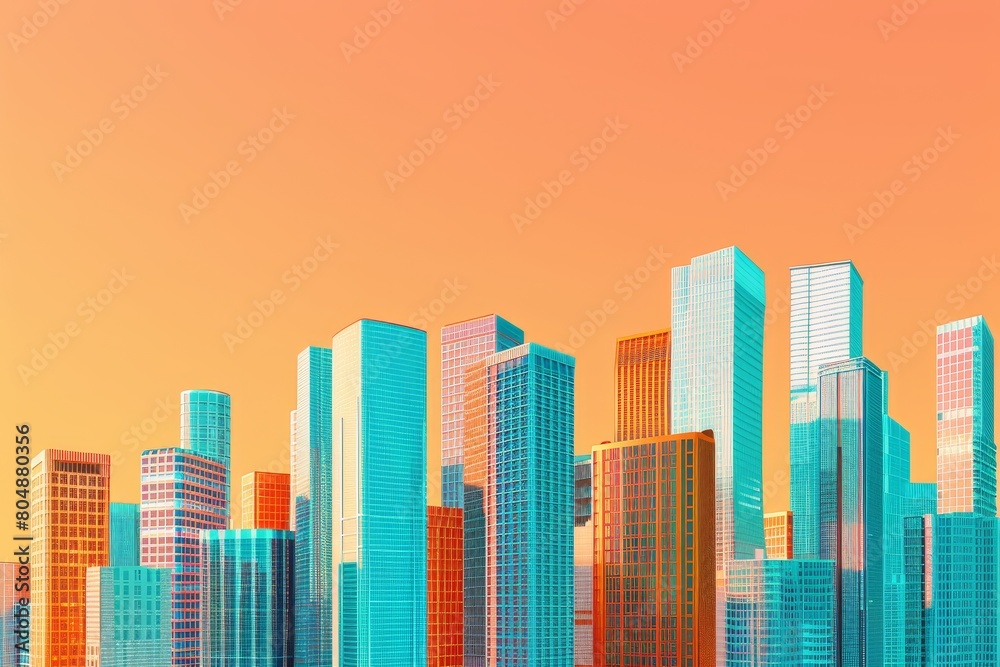 A cityscape with a bright orange sky and buildings in various colors