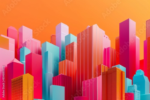 A cityscape with a bright orange sky and buildings in various colors