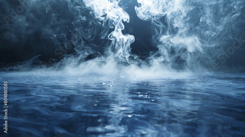 Radiant silver smoke against a deep navy blue floor  creating a metallic mist.