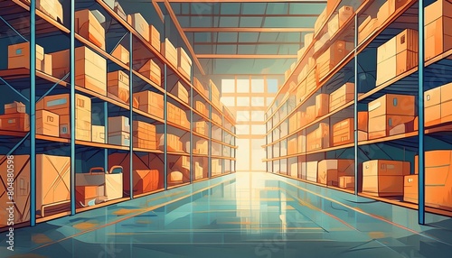 A large warehouse with numerous items. Rows of shelves with boxes. Logistics. Inventory control, order fulfillment or space optimization. Illustration for advertising, marketing or presentation