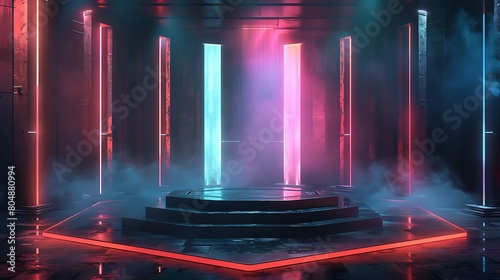 gaming background abstract wallpaper, cyberpunk style scifi game, stage scene in pedestal display room, 3d illustration rendering. Generative Ai © mahaart