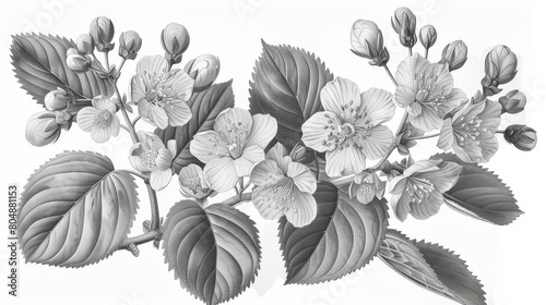 In the style of a vintage botanical illustration  this monochrome drawing depicts linden leaves and a beautiful blooming blossom. A medicinal plant hand drawn with contour lines on a white