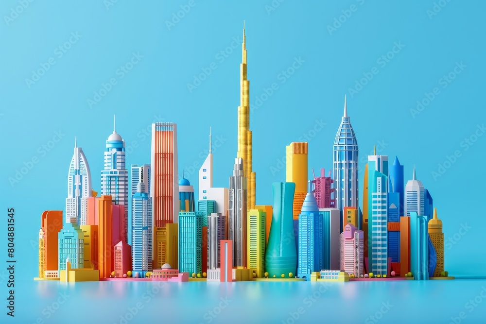 A colorful cityscape with a tall building in the middle