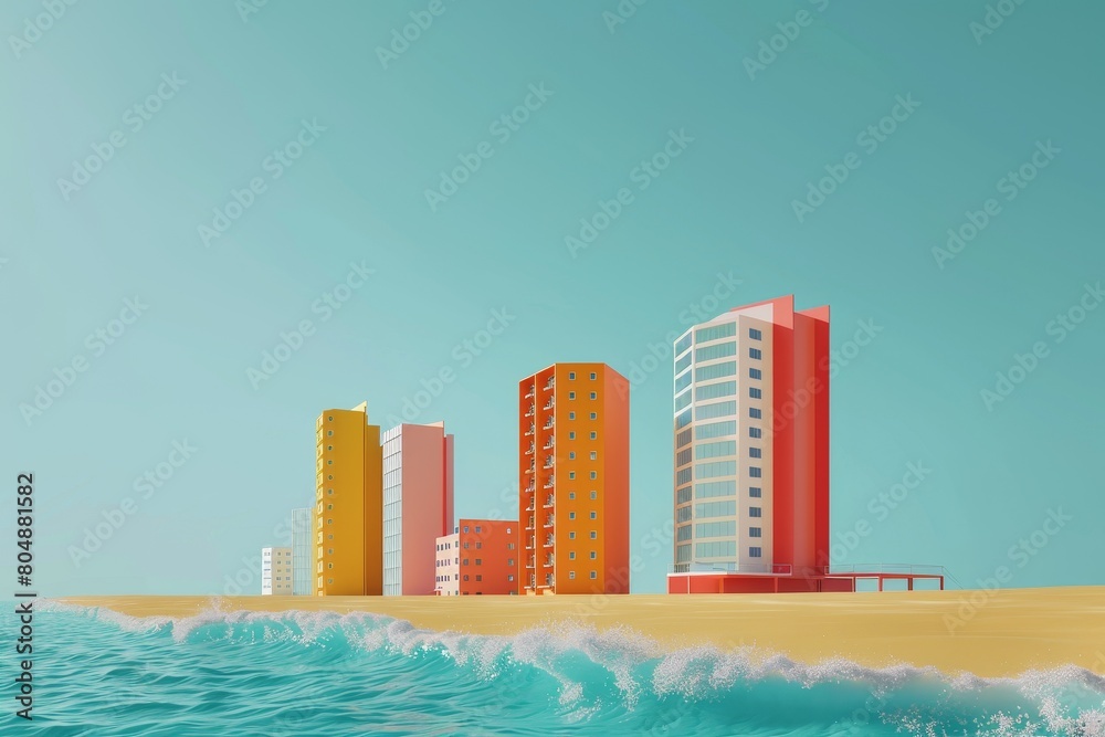 A city skyline with a beach in the background