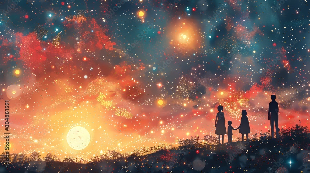 Imaginary tiny people visiting a planetarium looking at celestial bodies or space objects, planets of the solar system. Colorful modern illustration for kids and adults.