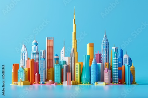 A colorful cityscape with a tall building in the middle