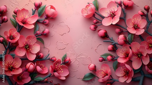 Hand drawn pink blooming flowers and buds of Japanese Sakura adorned the background with a floral frame.