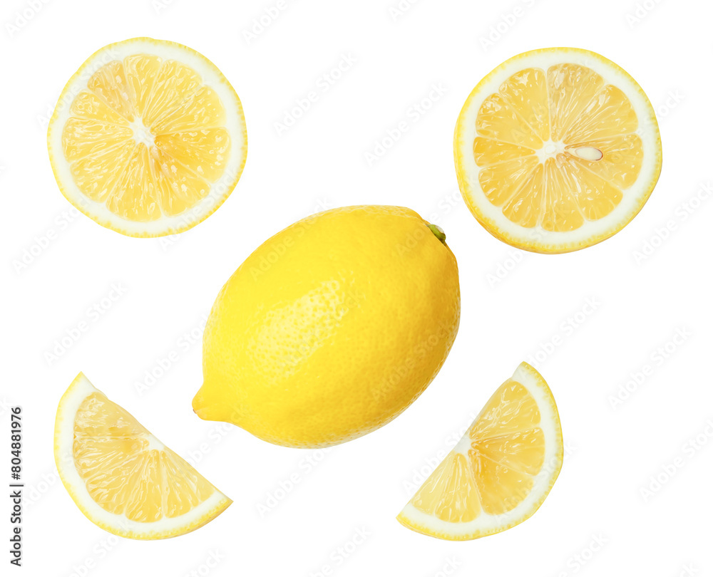 Top view set of fresh yellow lemon fruit with halves and slices scattering isolated on white background with clipping path