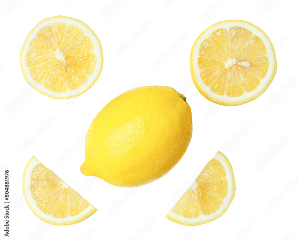 Top view set of fresh yellow lemon fruit with halves and slices scattering isolated on white background with clipping path Top view set of fresh yellow lemon fruit with halves and slices scattering isolated on white background with clipping path