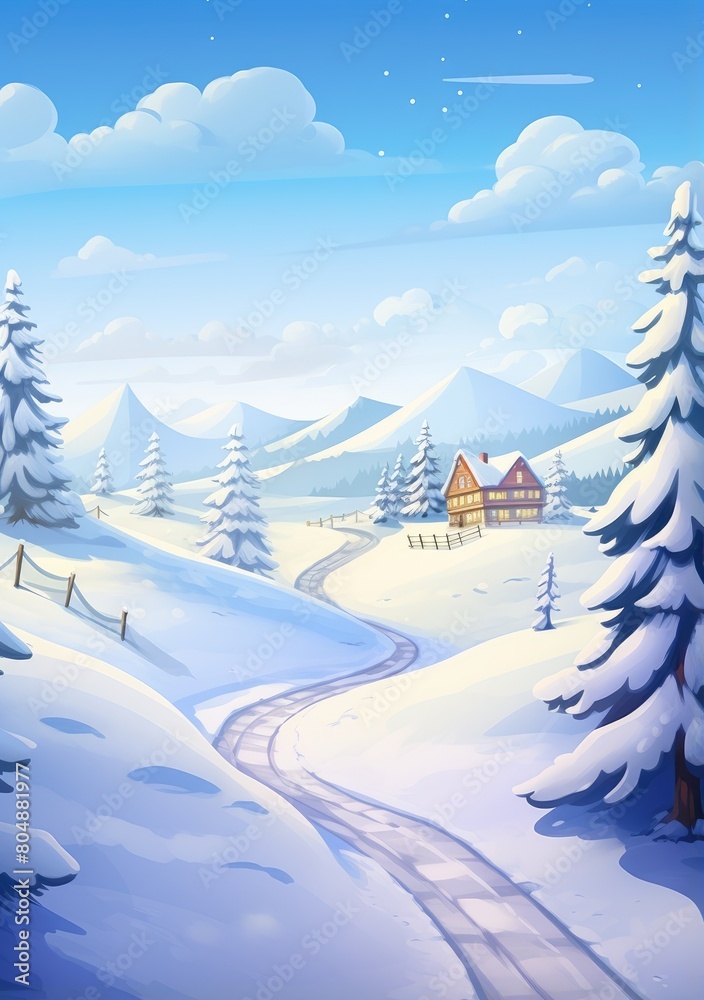 Snowy landscape with wooden houses and a path in the snow