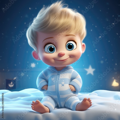Cute little boy in pajamas on the bed against the background of the room photo