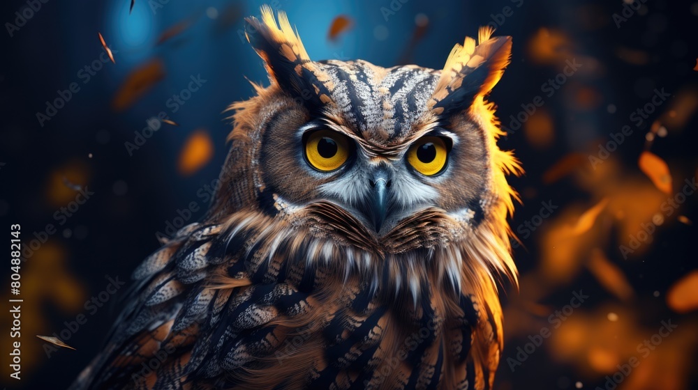 Close up of owl with yellow eyes Close up of owl with yellow eyes