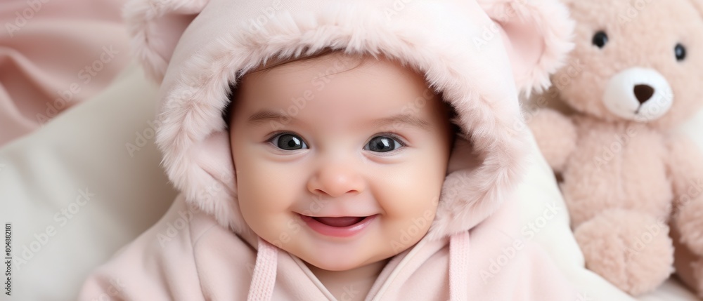 Infant in pink teddy bear outfit Infant in pink teddy bear outfit