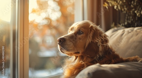 A small dog sits on the sofa and looks out the window waiting for the owner to arrive photo