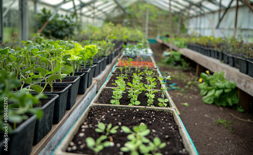 Greenhouse Growth: A Row of Vibrant Seedlings