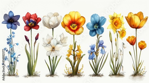 Natural drawings of spring flowers - tulip, lilac, narcissus, forget-me-not, crocus, lily of the valley, iris, snowdrop. Set of blossoming flowering plants.