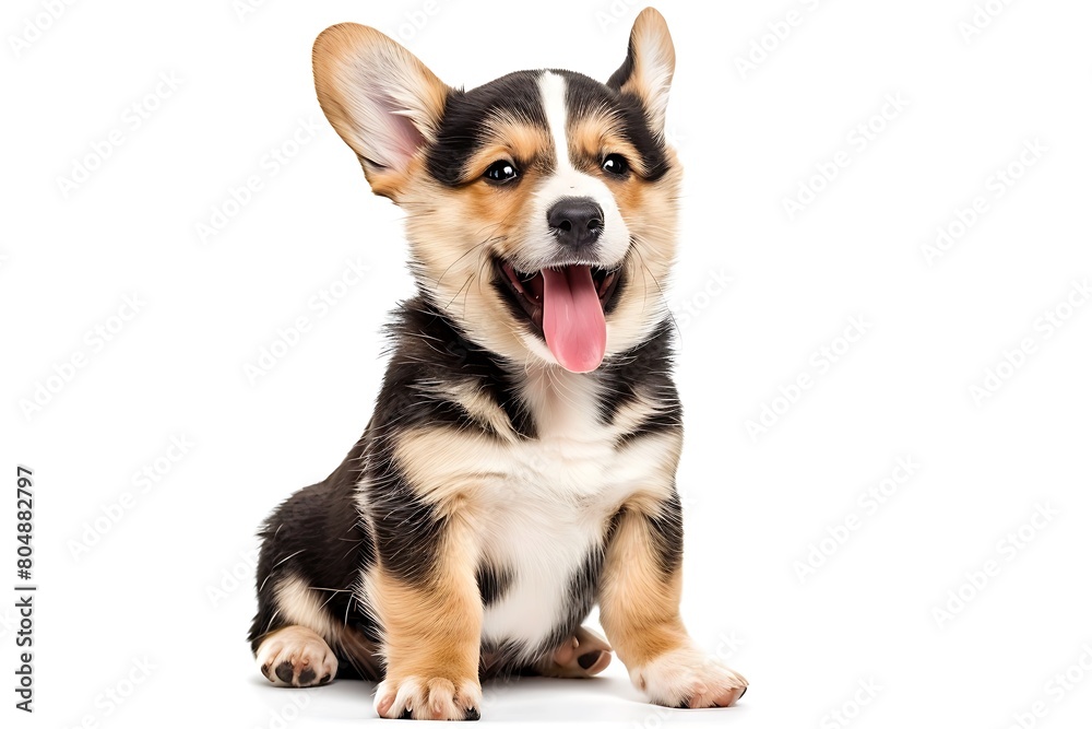 happy Puppy Welsh Corgi 14 Weeks old, dog winking, panting and sitting isolated on white. Generative Ai