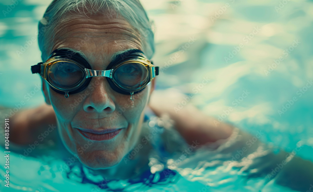 Senior's Swim. Older woman wearing goggles swimming in a pool.