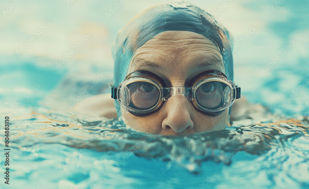 Naklejka premium Senior's Swim. Older woman wearing goggles swimming in a pool.