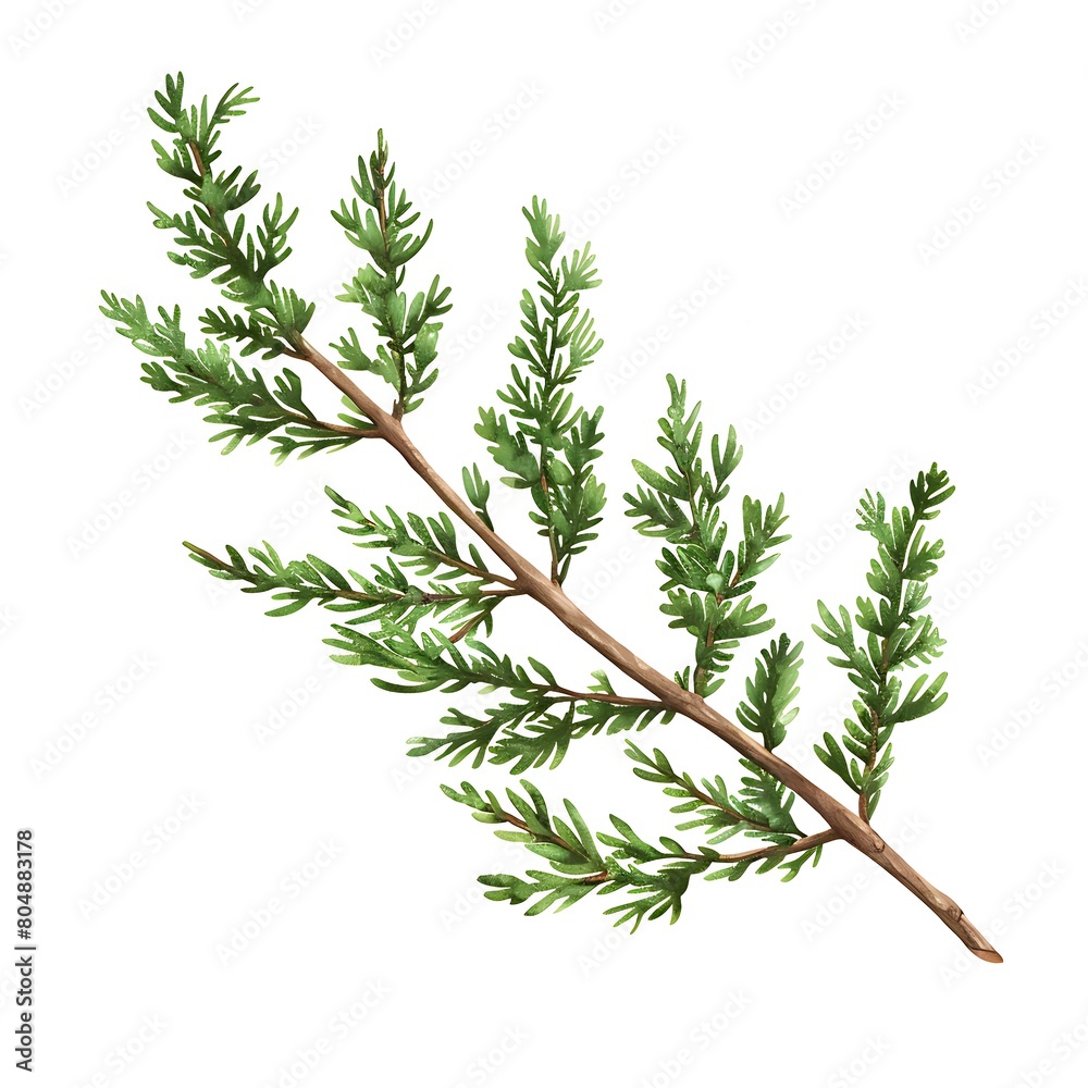 Fototapeta premium Juniper green branch, isolated on white background. Ornamental plants for landscape design. Juniper sprig isolated on white. Generative Ai