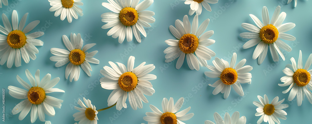 Chamomile daisy flowers with sunlight shadows on neutral blue background with copy space Chamomile daisy flowers with sunlight shadows on neutral blue background with copy space
