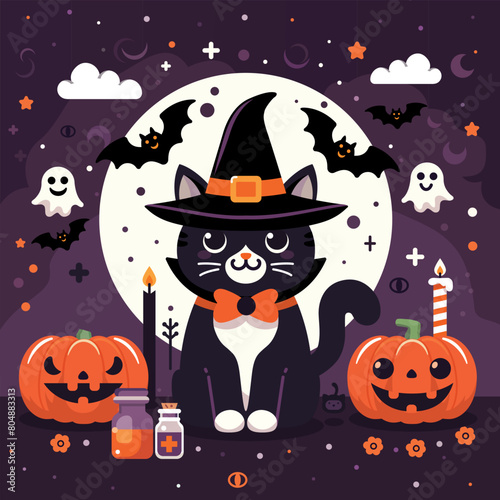 Black cat with pumpkin Halloween night background