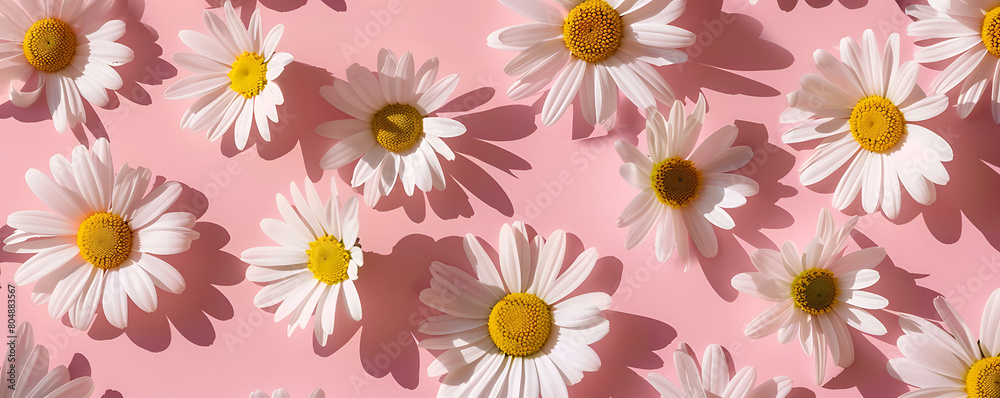 Chamomile daisy flowers with sunlight shadows on neutral pink background with copy space Chamomile daisy flowers with sunlight shadows on neutral pink background with copy space
