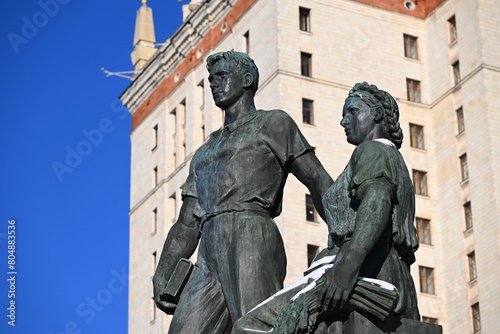 Sculptural composition at the entrance to the main building of Moscow State University named after M.V. Lomonosov