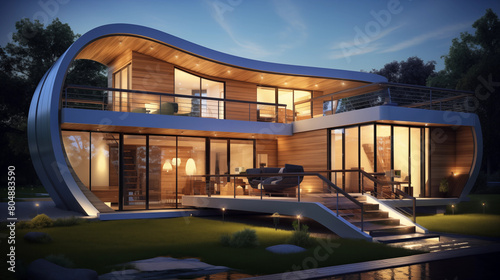 Wallpaper Mural A modern home, luxurious house with a distinct curved structure. It features extensive use of glass for the walls, allowing ample natural light inside and offering views of the surroundings. Torontodigital.ca