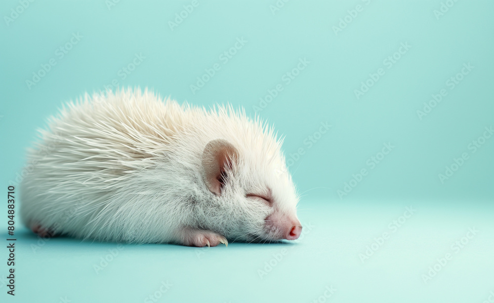Sleeping Cute Hedgehog. Young Animal Resting on Blue Background. Sleeping Cute Hedgehog. Young Animal Resting on Blue Background.