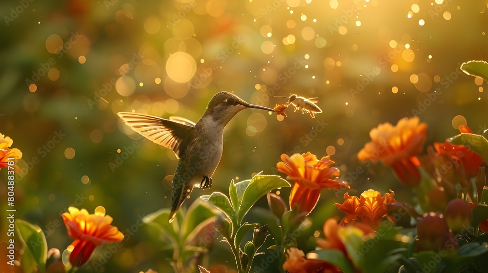 Fototapeta premium Gold hummingbird flying with glowing wings at Sunset. Abstract fantasy landscape of bird in nature, breathtaking image of pollination with cute bee, picturesque garden with colorful vibrant flowers.