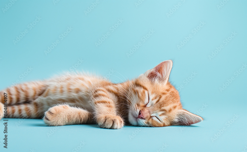 Sleeping Cute Cat. Young Animal Resting on Blue Background.