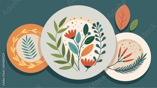 A set of ceramic plates with handpainted botanical designs created from discarded plates found at a thrift shop.. Vector illustration