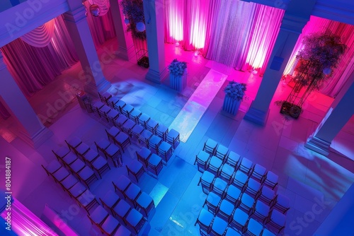 A large room with a blue and purple light show