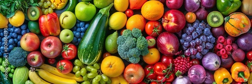 Fruits and vegetables are arranged neatly to create an attractive backdrop