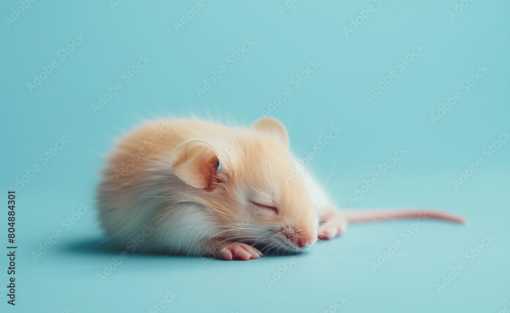 Sleeping Cute Rodent. Young Animal Resting on Blue Background.