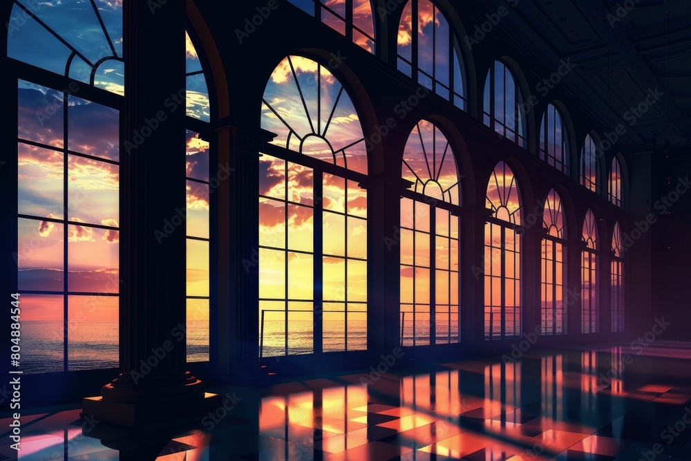 A large window with a beautiful sunset in the background