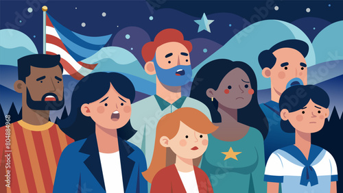 As the night comes to an end the community joins together for a final rendition of the national anthem with tears in their eyes and hearts full of. Vector illustration