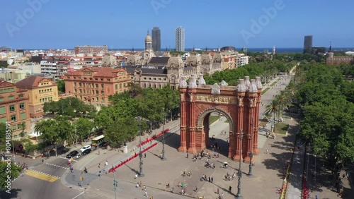 Aerial view of Arc de Triomf with Promenade Passeig de Lluís Companys in  Barcelona Spain photo