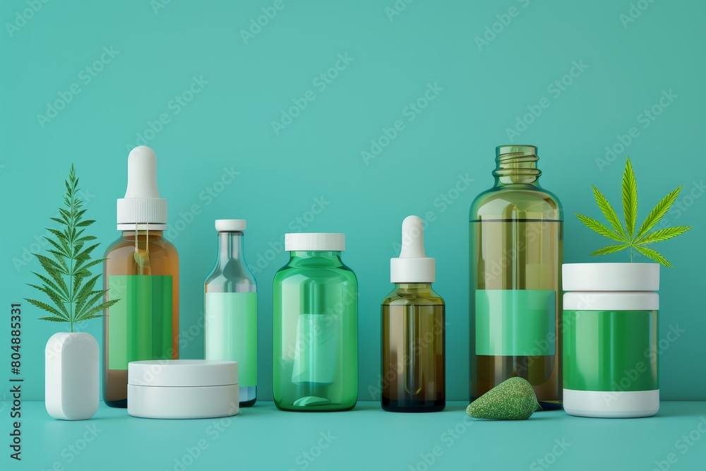 A row of colorful bottles with a green leaf on the bottom A row of colorful bottles with a green leaf on the bottom