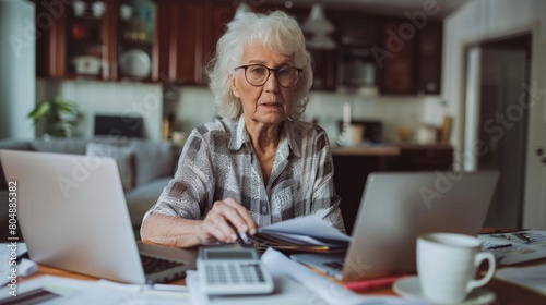 Elderly woman reviewing financial documents at home with a calculator and laptop photo